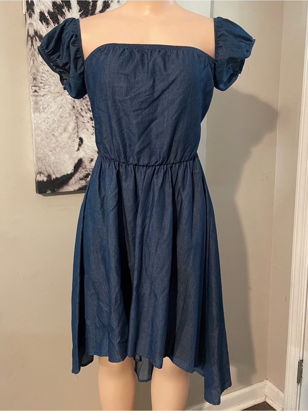 Country casual Chambray off shoulder milk maid blue dress wrap tie Aline Blue S